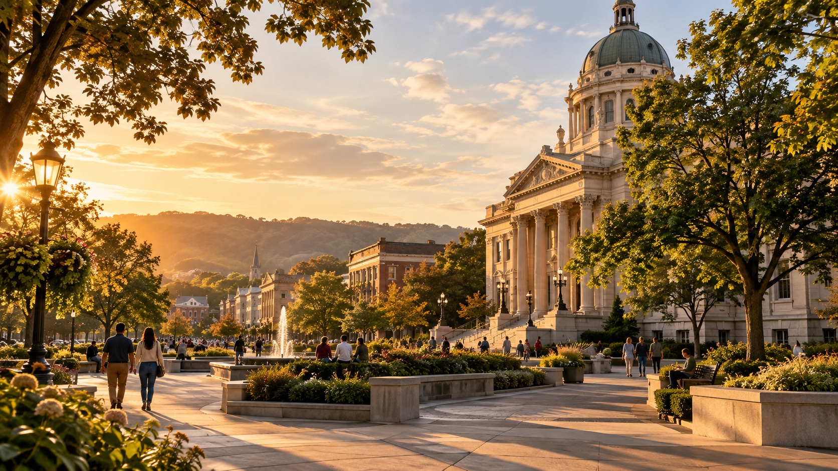 A welcoming civic plaza beside municipal architecture in warm evening light